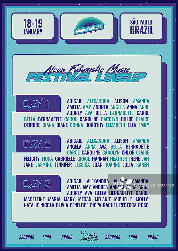 未来派音乐节阵容DJ海报或传单传单模板在亮蓝色合成波赛博朋克风格图片素材