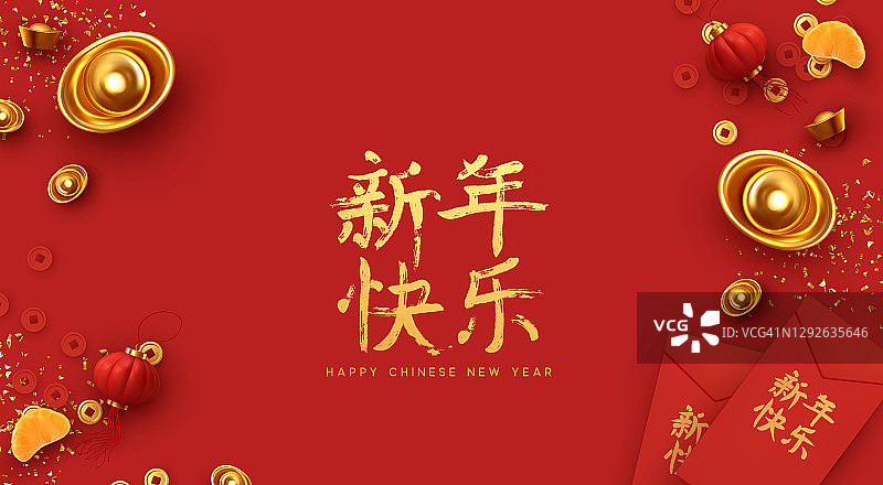 中国新年。传统节日农历新年，春节设计。红色背景与现实元素菜。中国的吉祥食品。家庭时间。平铺顶视图。图片素材
