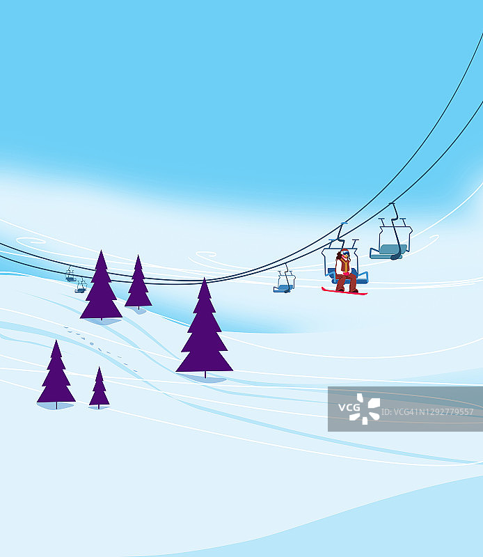 寒假在滑雪胜地。滑雪坡道与滑雪缆车和圣诞树在蓝天的背景。插图图片素材