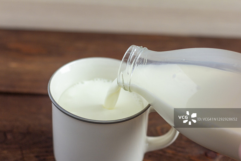 牛奶从瓶子里倒进杯子里。图片素材