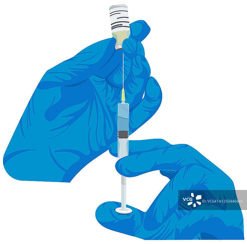 戴着蓝色手套的手拿着注射器，将疫苗注射进去图片素材