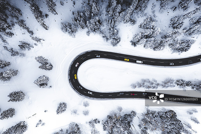汽车在雪山路上行驶的鸟瞰图图片素材