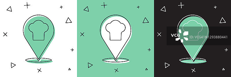 设置厨师帽与位置图标孤立在白色和绿色，黑色背景。烹饪的象征。厨师的帽子。向量图片素材