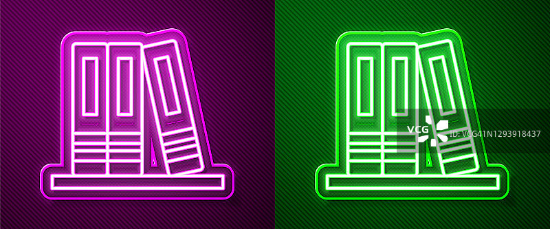 发光的霓虹灯线办公室文件夹的文件和文件图标孤立在紫色和绿色的背景。办公室的绑定。档案文件夹的迹象。向量图片素材