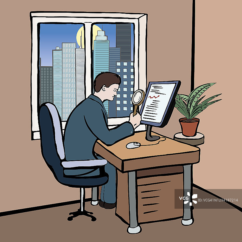 一个穿着西装的男人坐在办公室的电脑前，看着电脑屏幕上的图表。图片素材