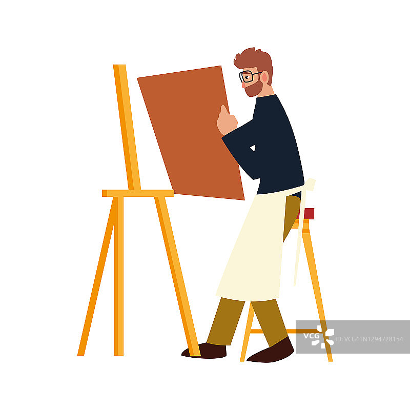 卡通人物画家拿着帆布，坐在画架旁边，上绘画课图片素材