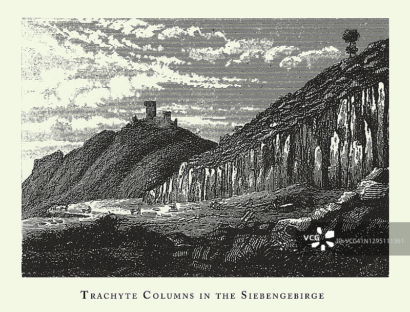 Siebengebirge的粗面石柱，著名的地质构造雕刻古董插图，出版于1851年图片素材