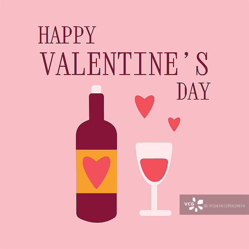 2月14日，情人节快乐。矢量卡与文字，与一瓶饮料和一个玻璃杯，心在浅粉色固体背景。适用于社交媒体、移动应用、营销材料。图片素材