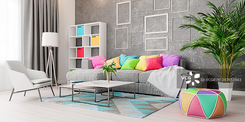 现代客厅室内设计，色彩鲜艳的装饰，3d渲染图片素材
