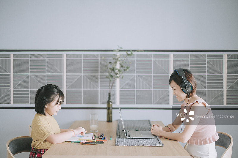 亚裔华人母亲视频电话工作在家餐桌上与她的女儿画画图片素材