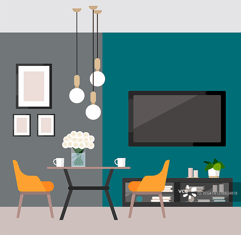 客厅现代设计。家具店广告。为一个家具商店的网站插图。现代餐厅，电视机，油画，橙色椅子，餐桌，花瓶，吊灯，杯子。图片素材