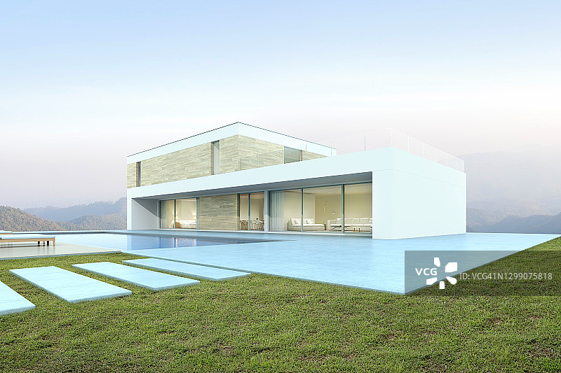 现代住宅的视角与游泳池在山的背景，外部。3d渲染。图片素材