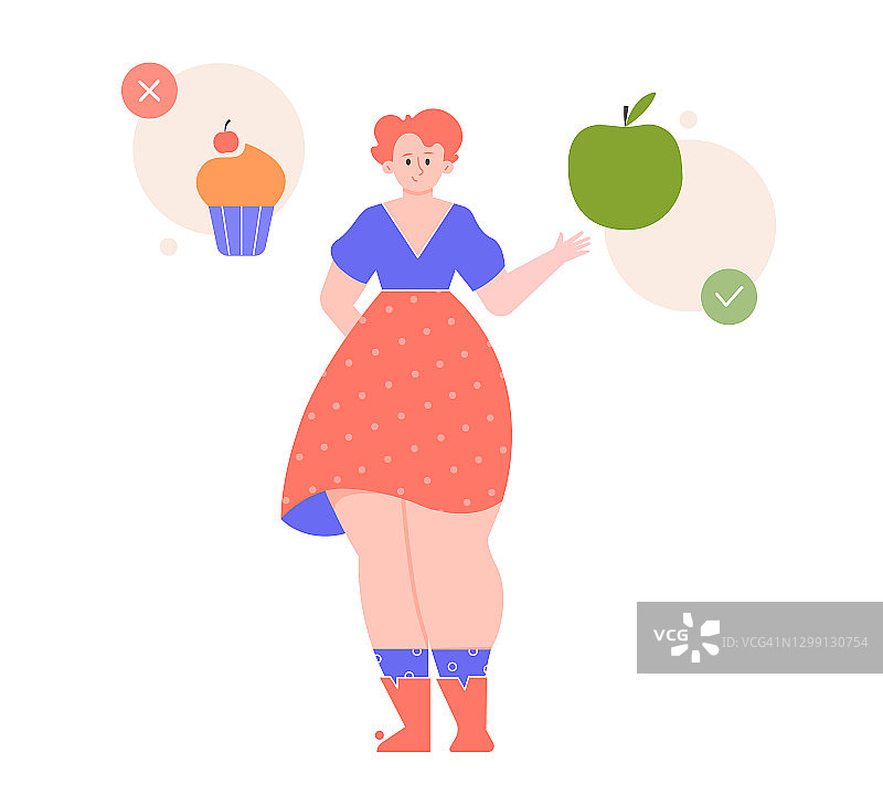 可爱丰满的女孩角色选择健康的食物。苹果或蛋糕。饮食，计算卡路里，减肥。矢量平面插图。图片素材