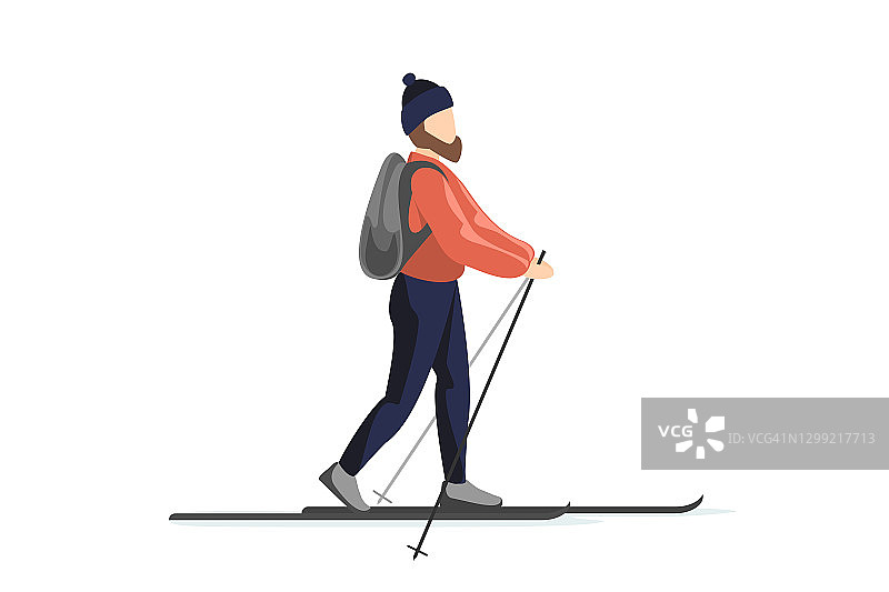 滑雪者穿着冬衣，戴着帽子，背着背包在滑雪。男子训练在滑雪板上行走。假日娱乐滑雪运动活动矢量插图图片素材