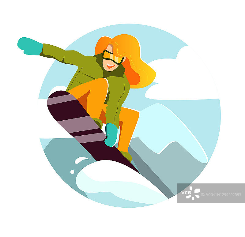在一个寒冷的阳光明媚的日子里，身穿橄榄色夹克和橙色裤子的红发女孩正在跳上滑雪板。矢量平面插图图片素材