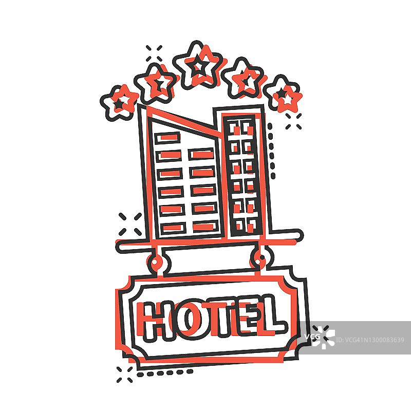 酒店5星级标志的漫画风格图标。客栈建筑卡通矢量插图上白色孤立的背景。酒店客房喷溅效应经营理念。图片素材