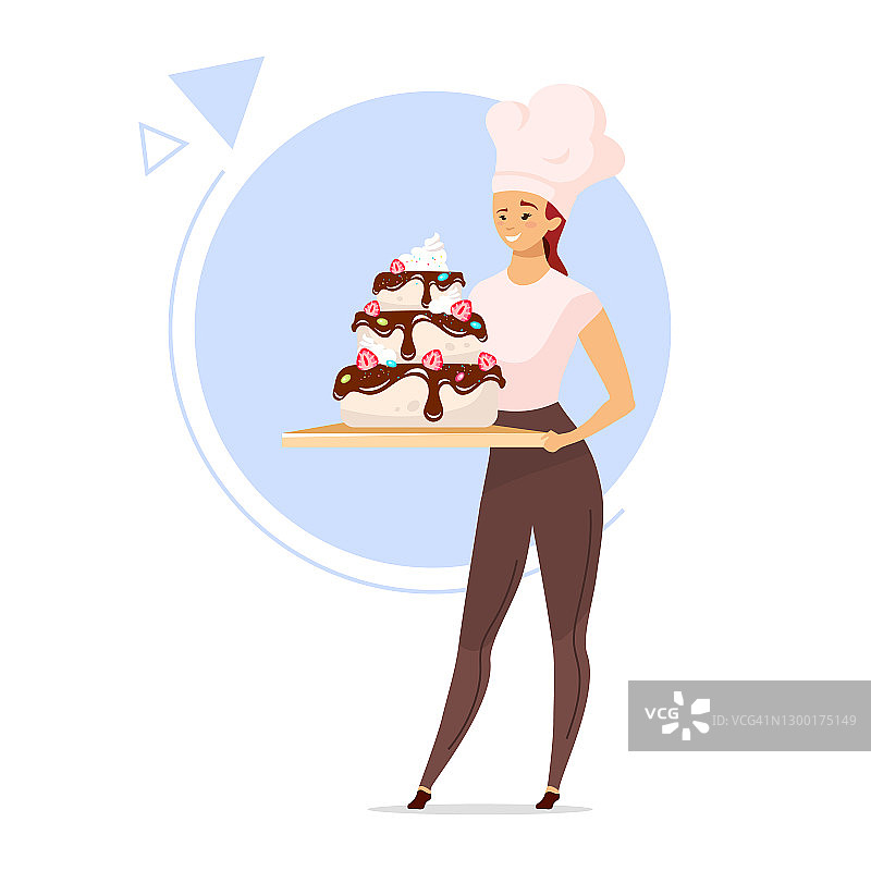 女子持有分层蛋糕平面颜色矢量插图。戴厨师帽的女面包师。女孩与糖果产品。糖果的概念。孤立的卡通人物在白色背景图片素材