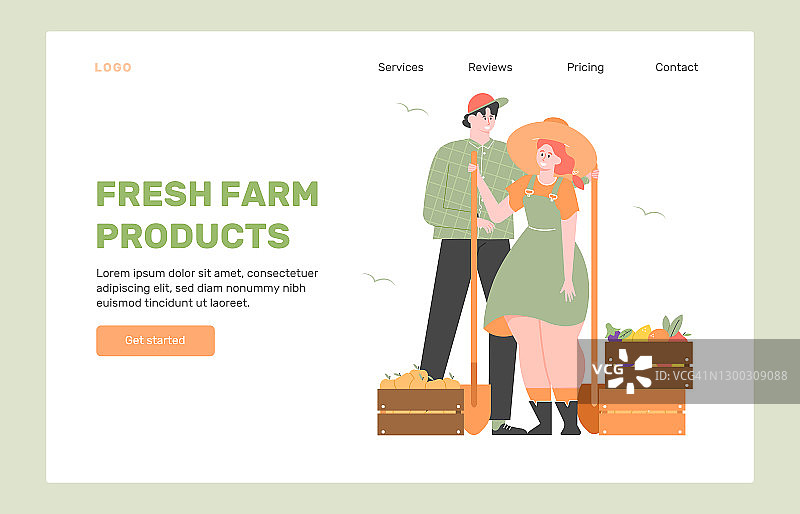 新鲜的农产品。当地市场。登陆页设计概念。一对可爱的夫妇，带着鞋盒和一盒苹果。收获,农业。矢量平面插图。图片素材