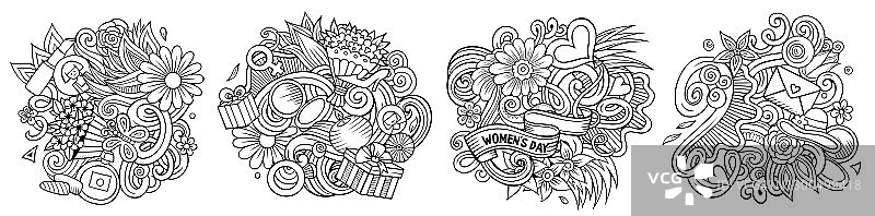 快乐妇女节卡通矢量涂鸦设计集。图片素材
