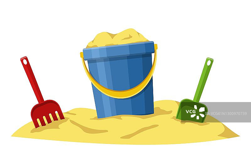 婴儿桶，铲子和耙子在沙孤立在白色的背景。儿童玩具套装沙盒和操场，小桶和铲子。矢量图图片素材