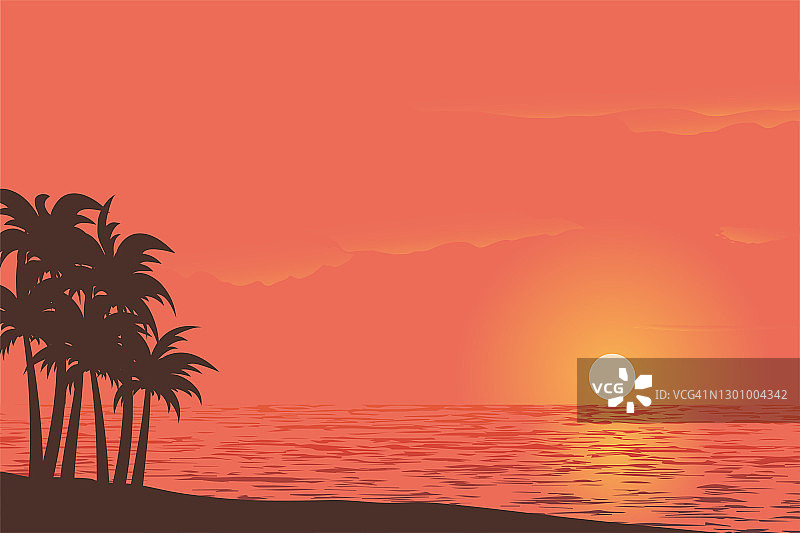 矢量插图的日落在天空与棕榈树在海滩上图片素材