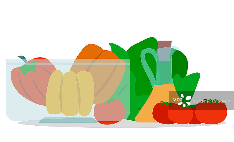 碗蔬菜，蔬菜和橄榄油罐图片素材