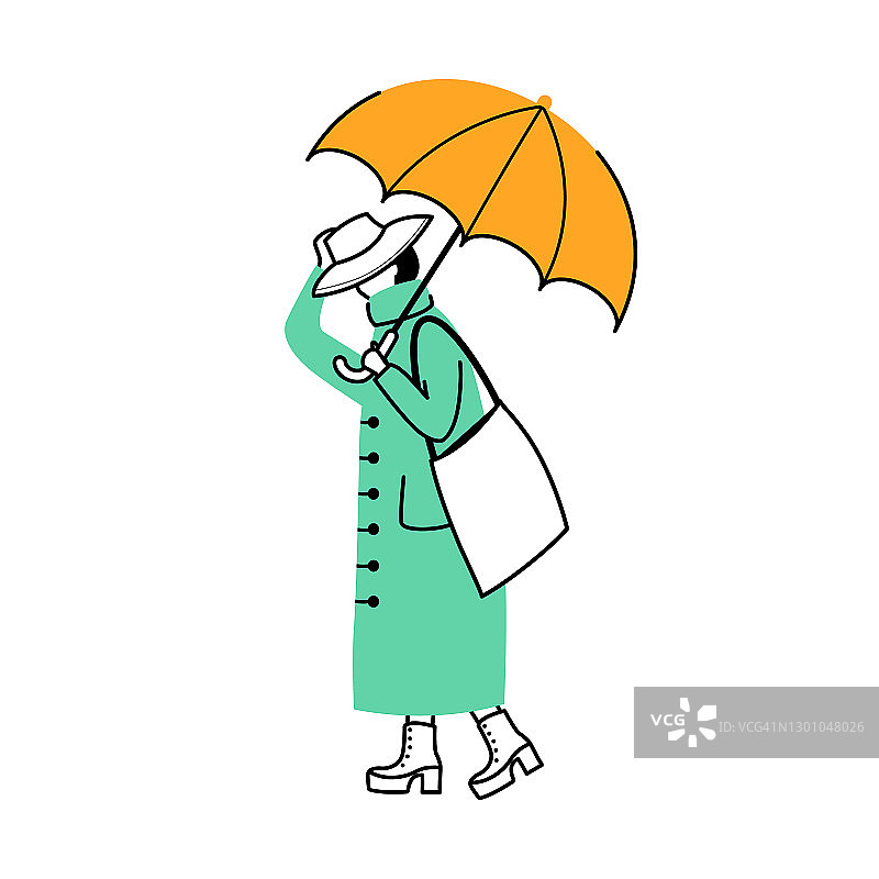 女人在雨衣平等高线矢量插图。戴着帽子走路的白人女士。雨天。女性与伞孤立的卡通轮廓人物在白色的背景。夫人在高跟鞋上简单的绘画图片素材