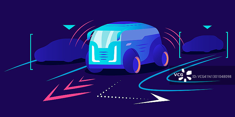 无人驾驶汽车平面彩色矢量插图。自动交通工具，蓝色背景下的自动驾驶车辆。智能自动导航货车与自动驾驶仪。创新的城市交通图片素材