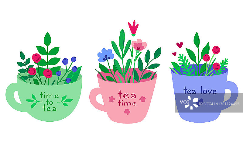 手画茶具与浆果，草药和鲜花。可爱的茶杯卡通平面风格孤立在白色背景。喝茶时间。问候，卡片，春季宣传册，茶馆，菜单。向量。图片素材