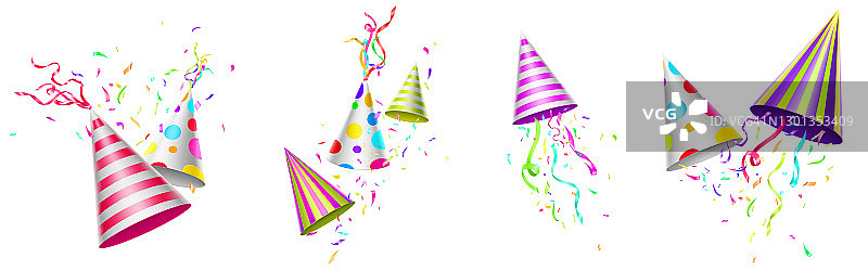 派对帽，生日帽，带丝带或五彩纸屑图片素材