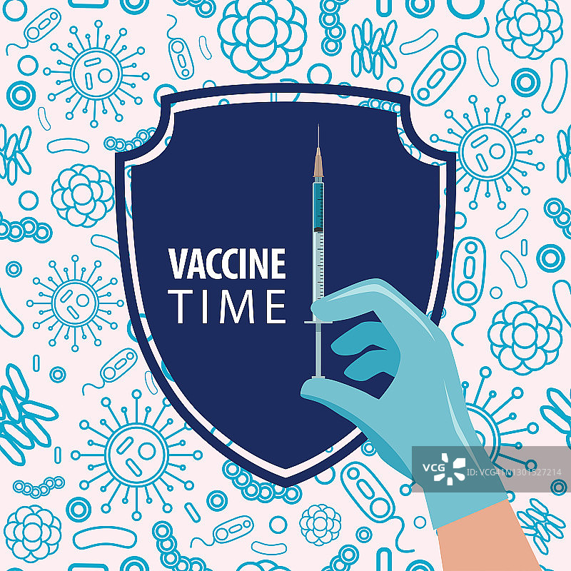 接种疫苗的时间。一只手拿着注射器，里面的疫苗是适合的，在病毒和细菌随机分散的背景下。图片素材