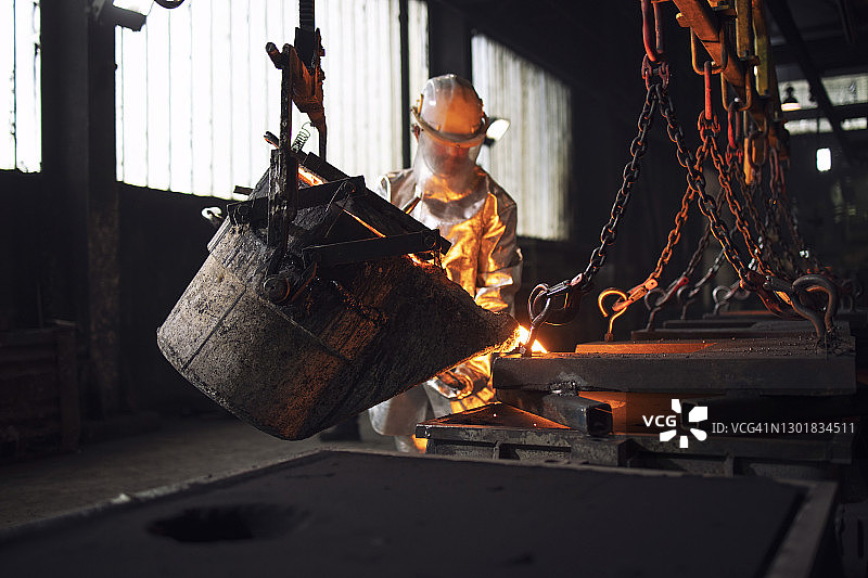 在铸造厂中，穿着防护服的工人努力与液态金属打交道。图片素材