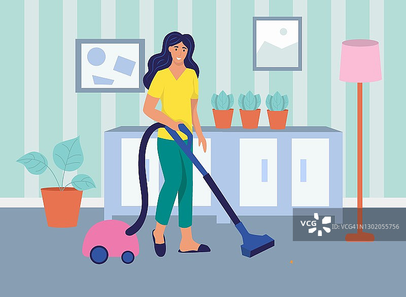 一位年轻女子用吸尘器打扫房间。日常生活的概念，日常的休闲和工作活动。平面卡通矢量插图。图片素材