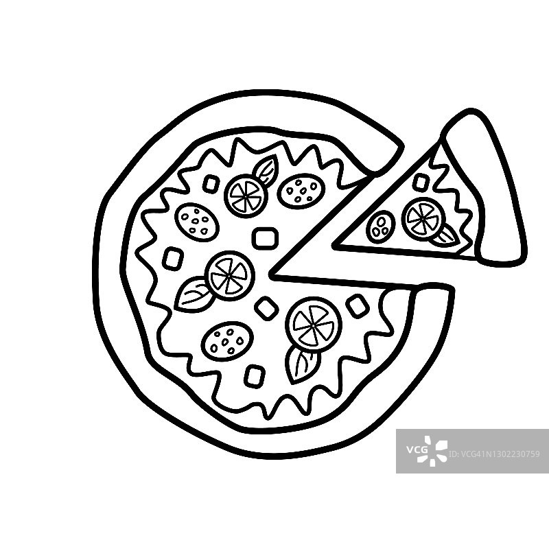披萨切片，番茄，橄榄，香肠和奶酪，孤立的白色背景图片素材
