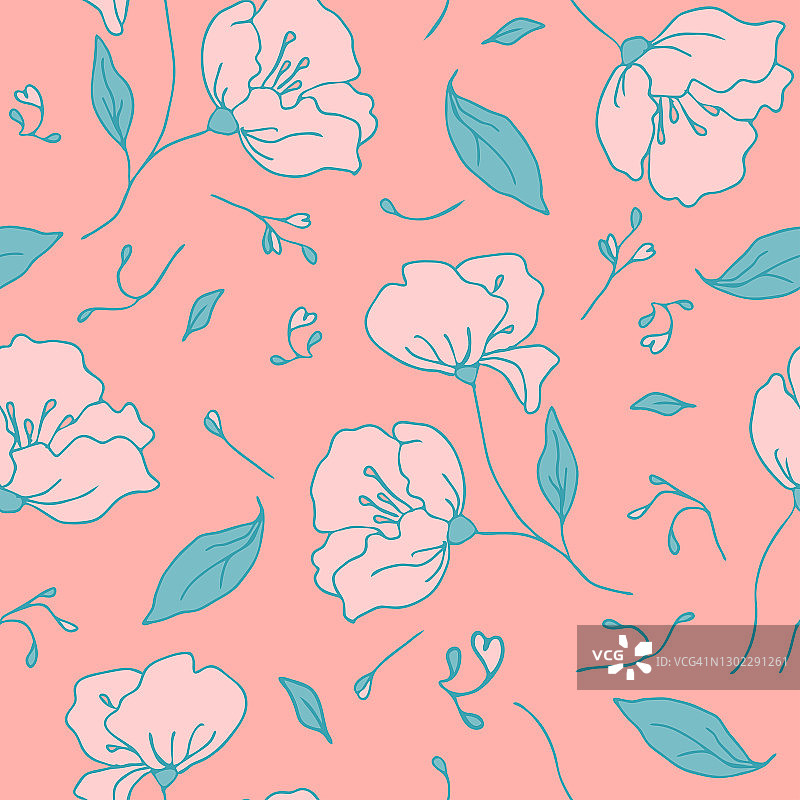 无缝矢量模式与温柔的花朵在粉红色的背景。浪漫的花卉墙纸设计。装饰婚礼时尚纺织品。图片素材