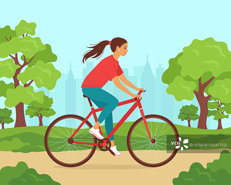 年轻女子骑着自行车在城市公园运动服装。春季、夏季户外活动理念、有氧运动、健康生活方式。环保车。卡通矢量图图片素材