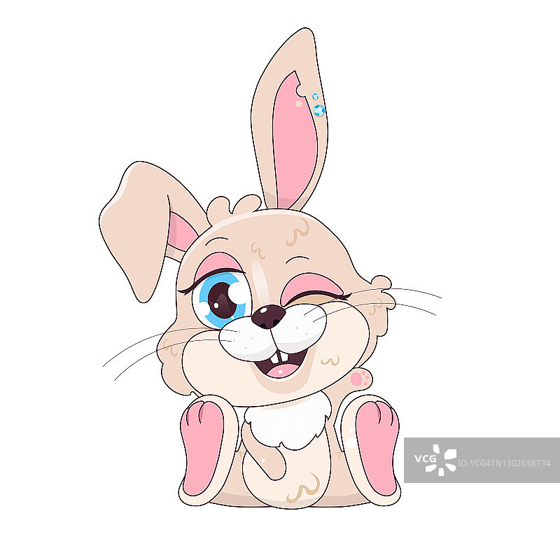 可爱的米色复活节兔子眨眼卡哇伊卡通矢量人物。可爱和有趣的动物坐和微笑孤立贴纸，补丁。Pascha象征。动画兔宝宝，白色背景上的兔子表情图片素材