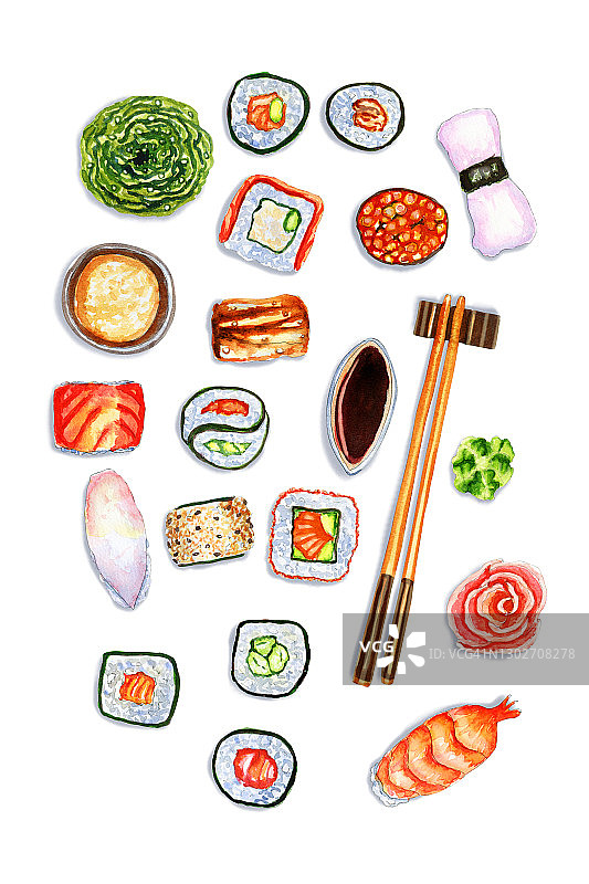 水彩垂直组成与日本寿司，卷和文字的地方图片素材