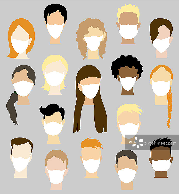 一大群人戴着防护口罩，预防新型冠状病毒感染。男人和女人的脸没有眼睛的集合。矢量头像与不同的发型，发型和肤色图片素材
