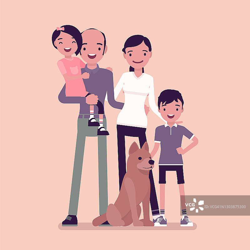 幸福的四口之家带着宠物狗，全身画像图片素材