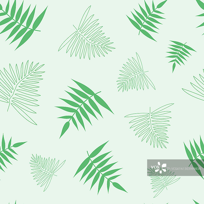 春季绿叶无缝图案，浅绿色背景，热带树叶纹理。图片素材