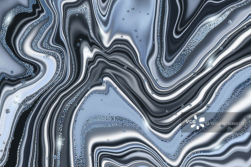 抽象奢华的液体大理石闪耀着蓝色和黑色的背景。阿加特大理石波飞溅效果的背景。矢量插图的设计模板横幅，海报，卡片，婚礼邀请图片素材