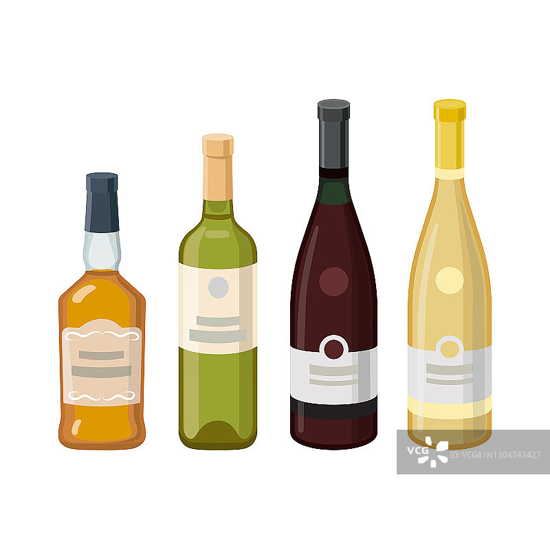 酒瓶和白兰地酒瓶。葡萄产品，矢量插图孤立在白色背景。图片素材