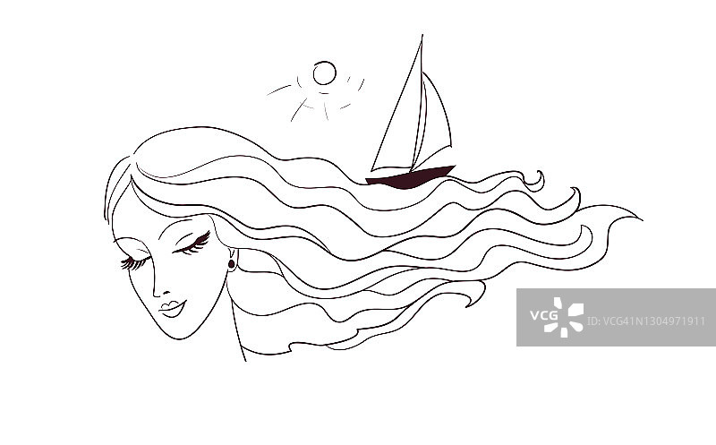 女人的侧影长着长发，就像海与船。梦想和度假概念。图片素材