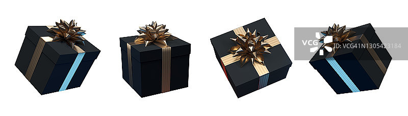 一套黑色礼盒与金色蝴蝶结和丝带孤立在白色背景。豪华的圣诞礼物。设计元素的横幅，优惠券，礼品明信片，社交媒体。3 d渲染。3 d演示。图片素材