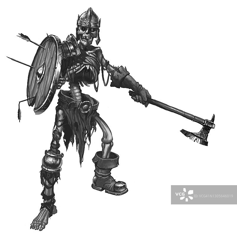 骷髅战士使用斧头和盾牌。图片素材