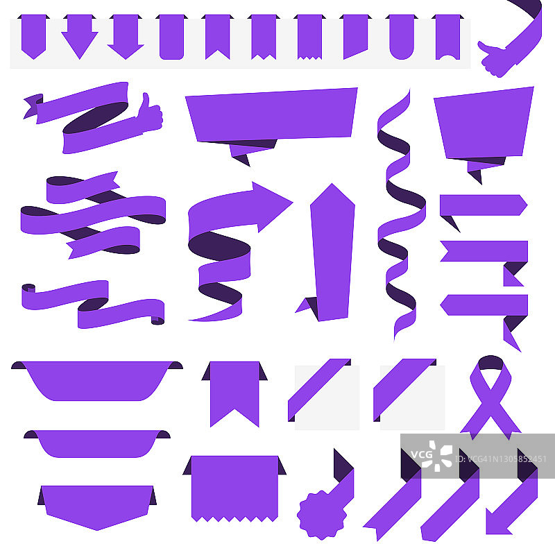 一套紫色丝带，旗帜，徽章，标签-设计元素在白色的背景图片素材