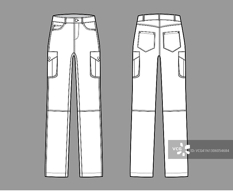 牛仔工装裤技术时尚插图与低腰，上升，口袋，皮带环，全长度图片素材
