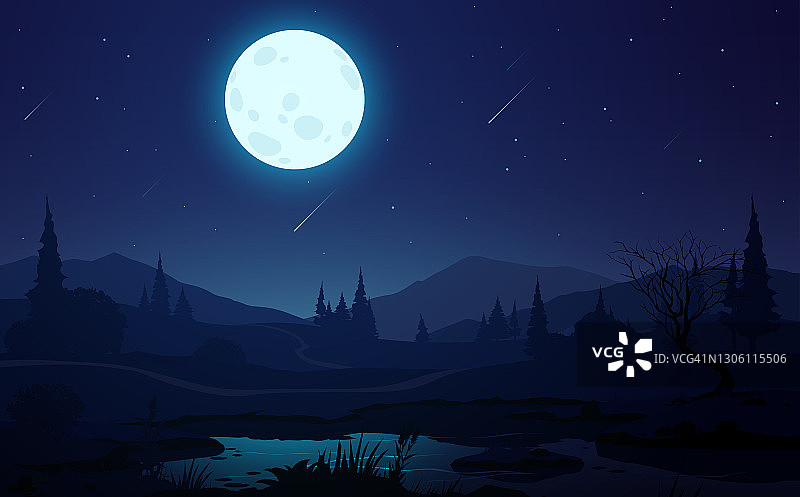 有大月亮和流星的夜晚景观图片素材