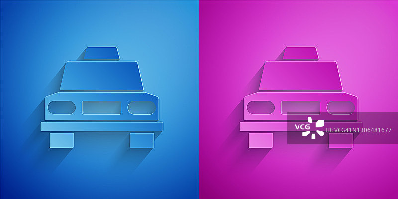 剪纸出租车图标孤立在蓝色和紫色的背景。纸艺术风格。向量图片素材